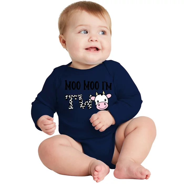 Moo Moo I'm Two Birthday Tee 2 Year Old Boy Cow Print Baby Long Sleeve Bodysuit