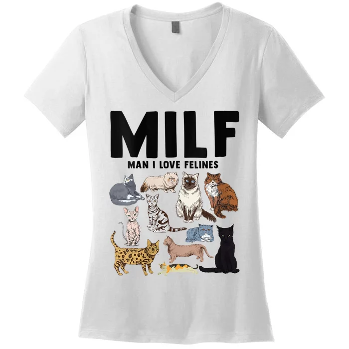 MILF Man I Love Felines Funny Cat Vintage Women's V-Neck T-Shirt