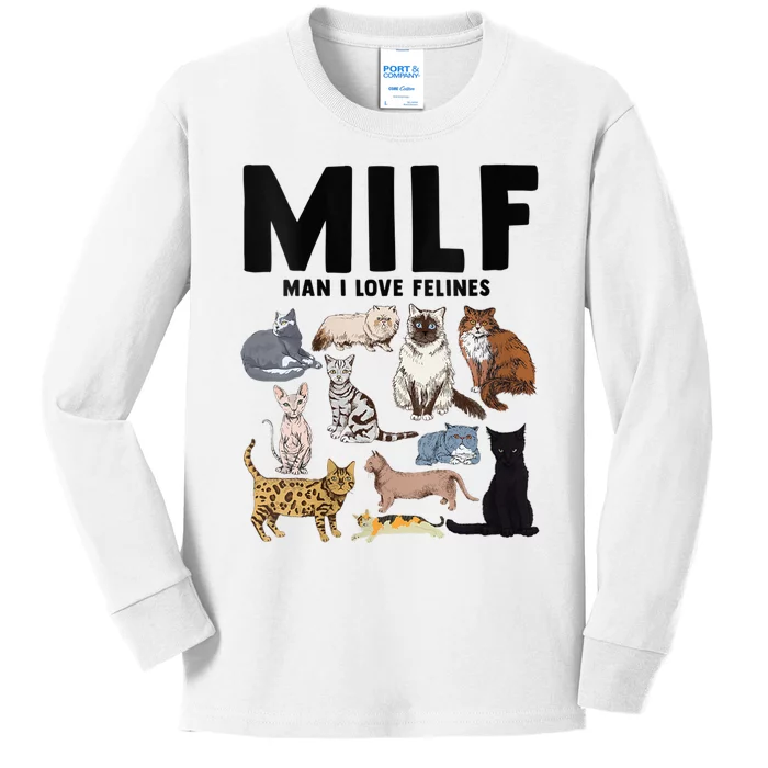 MILF Man I Love Felines Funny Cat Vintage Kids Long Sleeve Shirt