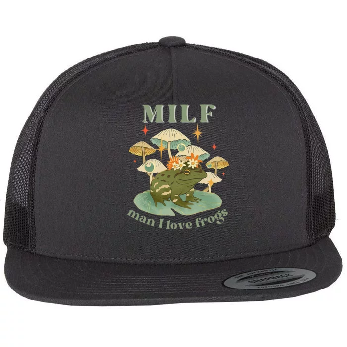 MILF Man I Love Frogs Vintage Retro Frog And Fungi Mushroom Flat Bill Trucker Hat