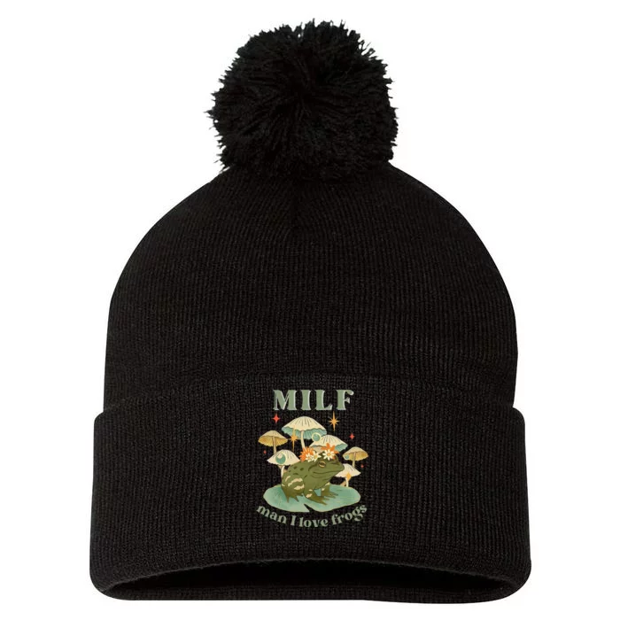 MILF Man I Love Frogs Vintage Retro Frog And Fungi Mushroom Pom Pom 12in Knit Beanie