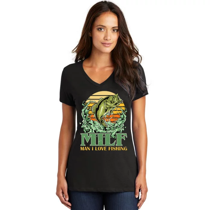 MILF Man I Love Fishing Funny Sayings Gift For Fishermen Women's V-Neck T-Shirt