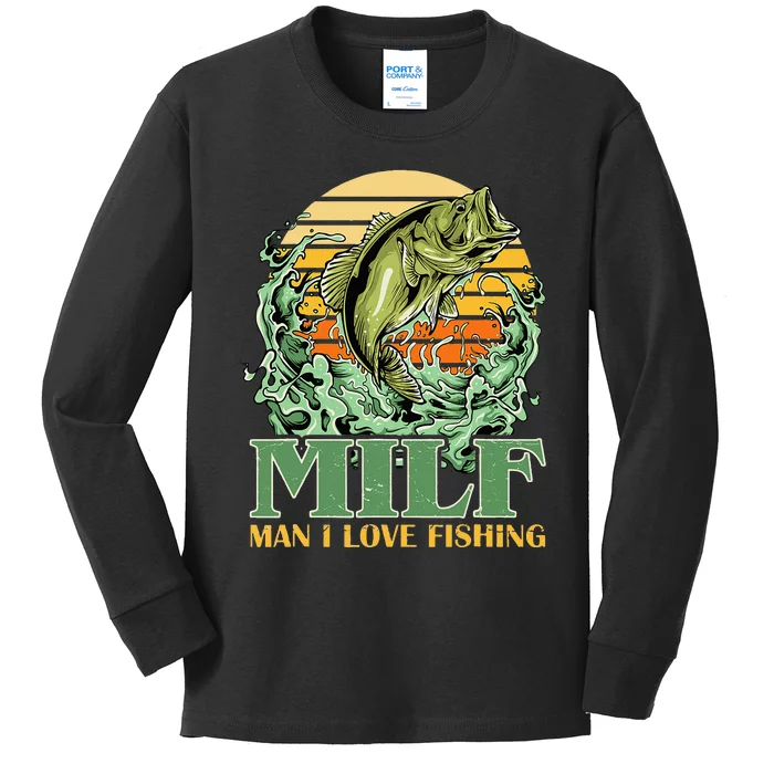 MILF Man I Love Fishing Funny Sayings Gift For Fishermen Kids Long Sleeve Shirt