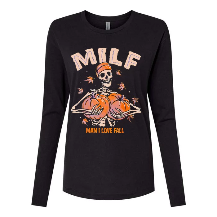 MILF Man I Love Fall Funny Spooky Skeleton Pumpkin Halloween Womens Cotton Relaxed Long Sleeve T-Shirt