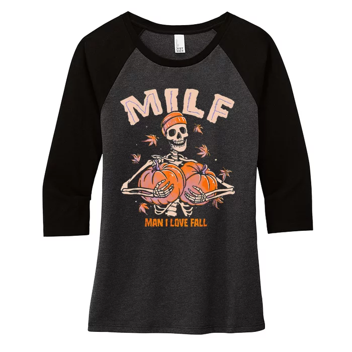 MILF Man I Love Fall Funny Spooky Skeleton Pumpkin Halloween Women's Tri-Blend 3/4-Sleeve Raglan Shirt