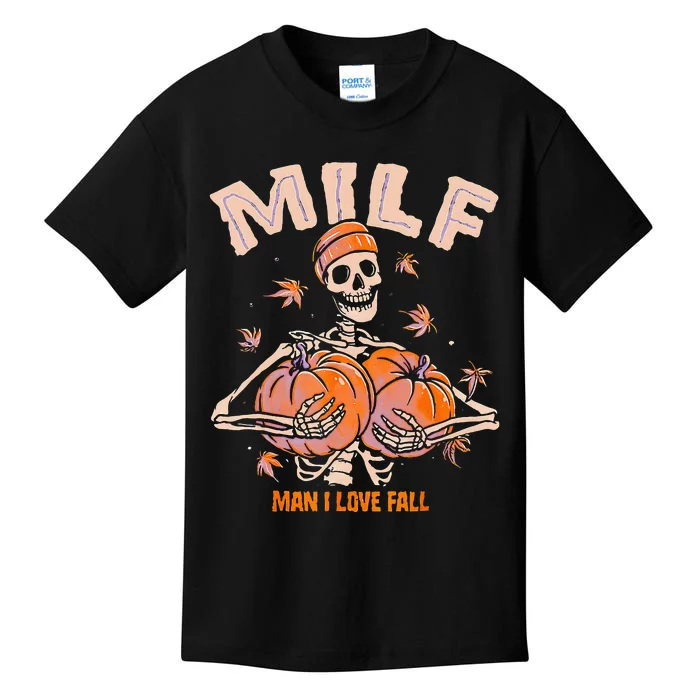 MILF Man I Love Fall Funny Spooky Skeleton Pumpkin Halloween Kids T-Shirt