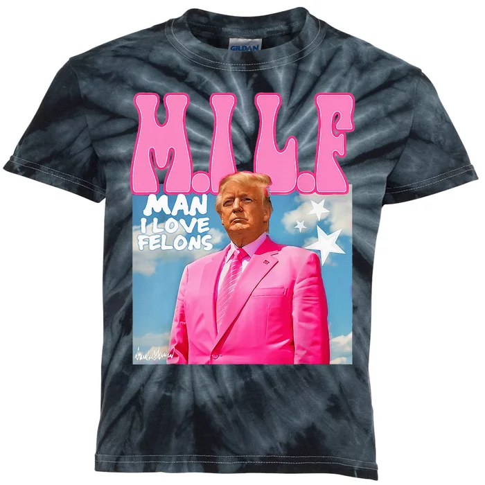 M.I.L.F Man I Love Felons Funny Trump Pink 2024 Election Kids Tie-Dye T-Shirt