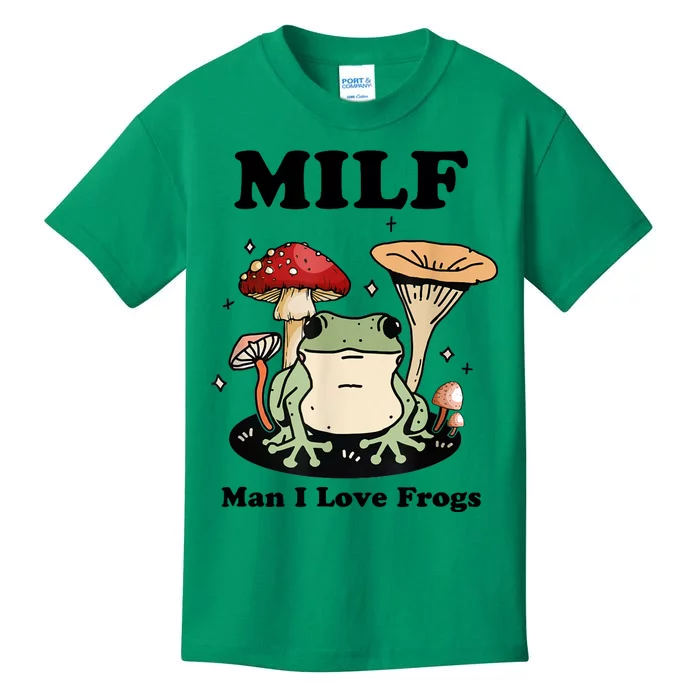 Milf Man I Love Frogs Vintage Retro Frog And Fungi Mushroom Kids T-Shirt