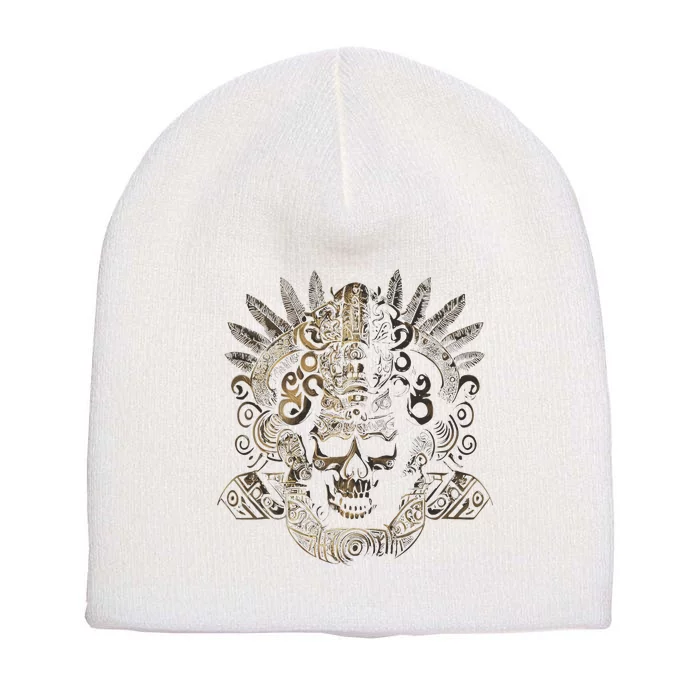 Mexican Mayan Inca Aztec King Skull Short Acrylic Beanie