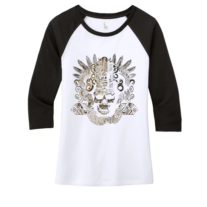 Mexican Mayan Inca Aztec King Skull Women's Tri-Blend 3/4-Sleeve Raglan Shirt