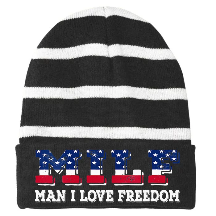 MILF Man I Love Freedom Funny Patriotic Striped Beanie with Solid Band