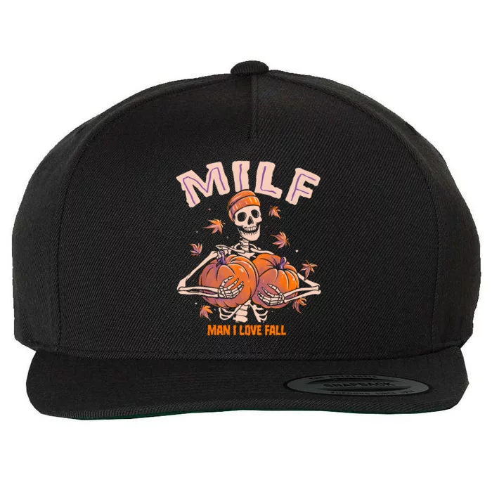 MILF Man I Love Fall Funny Skeleton Pumpkin Halloween Wool Snapback Cap