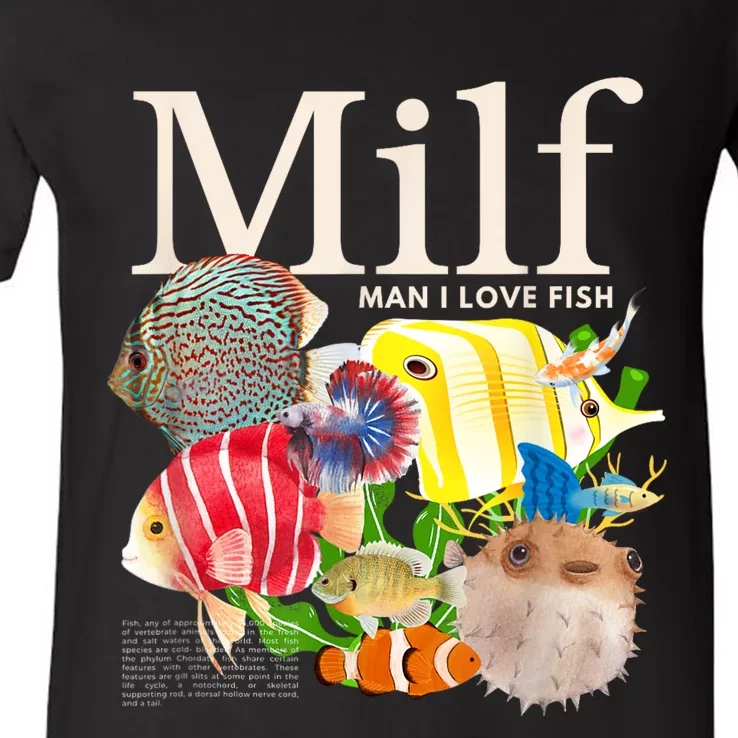 Milf Man I Love Fish Funny Fishing Fisherman Humor Nature V-Neck T-Shirt