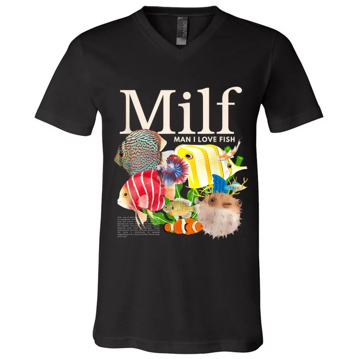 Milf Man I Love Fish Funny Fishing Fisherman Humor Nature V-Neck T-Shirt