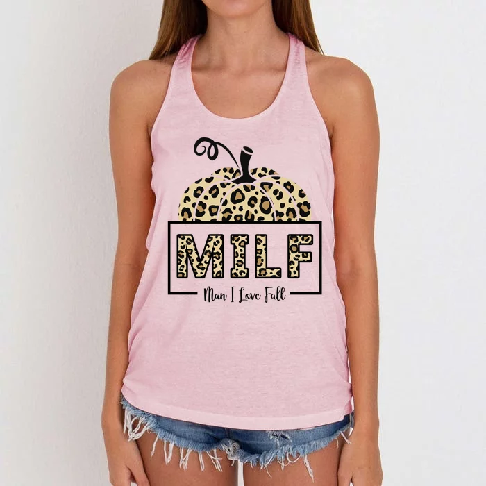 MILF Man I Love Fall Leopard Pumpkin Funny Women's Knotted Racerback Tank