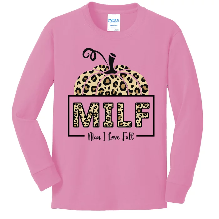 MILF Man I Love Fall Leopard Pumpkin Funny Kids Long Sleeve Shirt