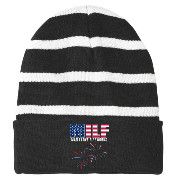 MILF Man I Love Fireworks Funny 4th Of July Striped Beanie with Solid Band