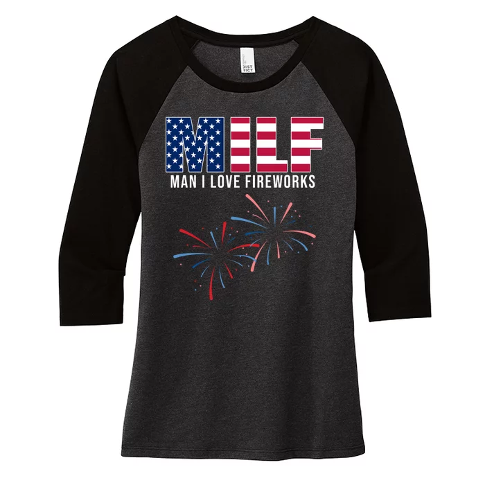 MILF Man I Love Fireworks Funny 4th Of July Women's Tri-Blend 3/4-Sleeve Raglan Shirt