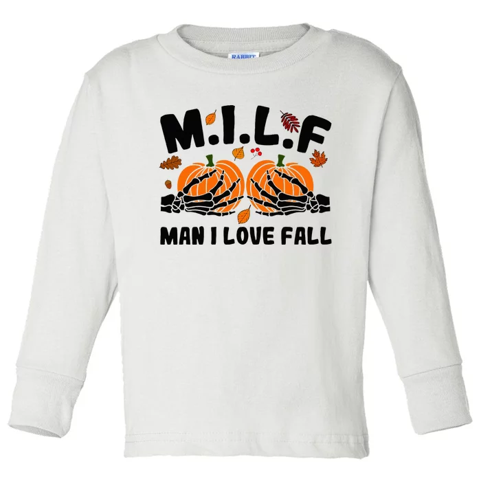 Milf Man I Love Fall Skeleton Pumpkin Hand Boob Toddler Long Sleeve Shirt