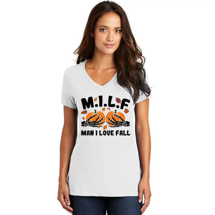 Milf Man I Love Fall Skeleton Pumpkin Hand Boob Women's V-Neck T-Shirt