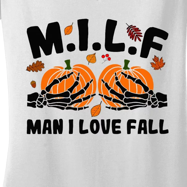 Milf Man I Love Fall Skeleton Pumpkin Hand Boob Women's V-Neck T-Shirt