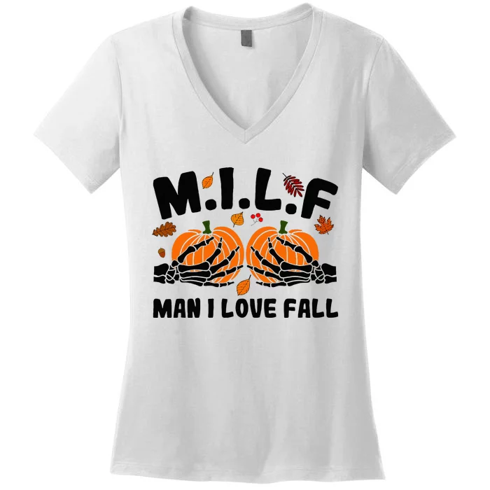 Milf Man I Love Fall Skeleton Pumpkin Hand Boob Women's V-Neck T-Shirt