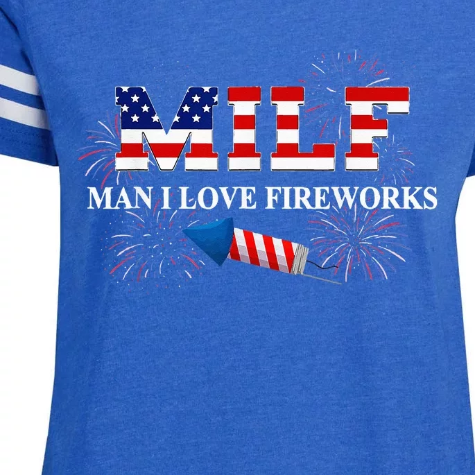 MILF Man I Love Fireworks Funny American Patriotic July 4th Enza Ladies Jersey Football T-Shirt