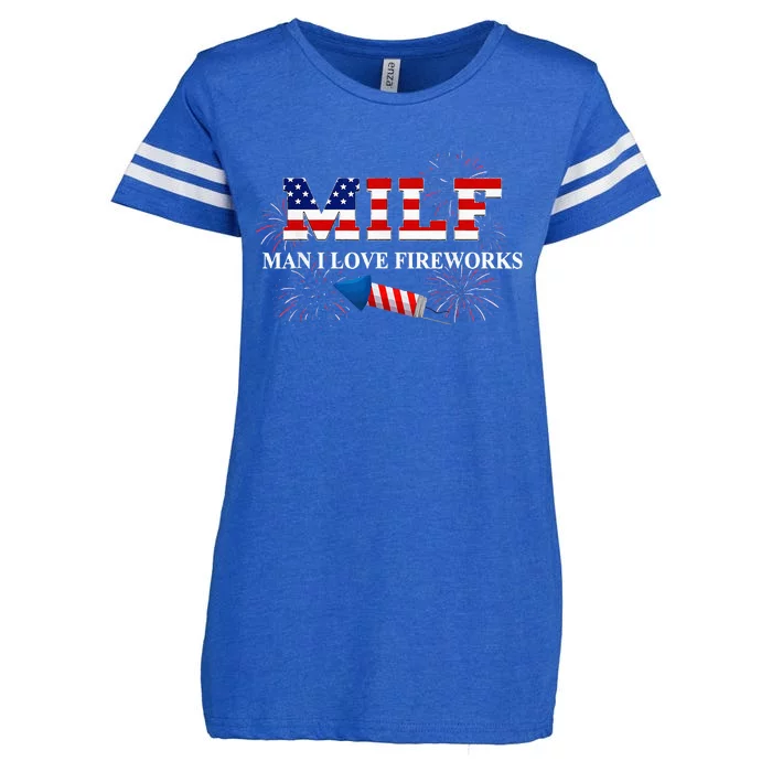 MILF Man I Love Fireworks Funny American Patriotic July 4th Enza Ladies Jersey Football T-Shirt