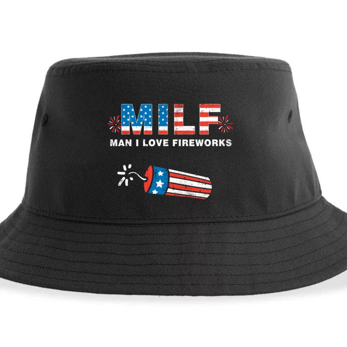 MILF Man I Love Fireworks 4th Of July Funny Fourth Of July Sustainable Bucket Hat