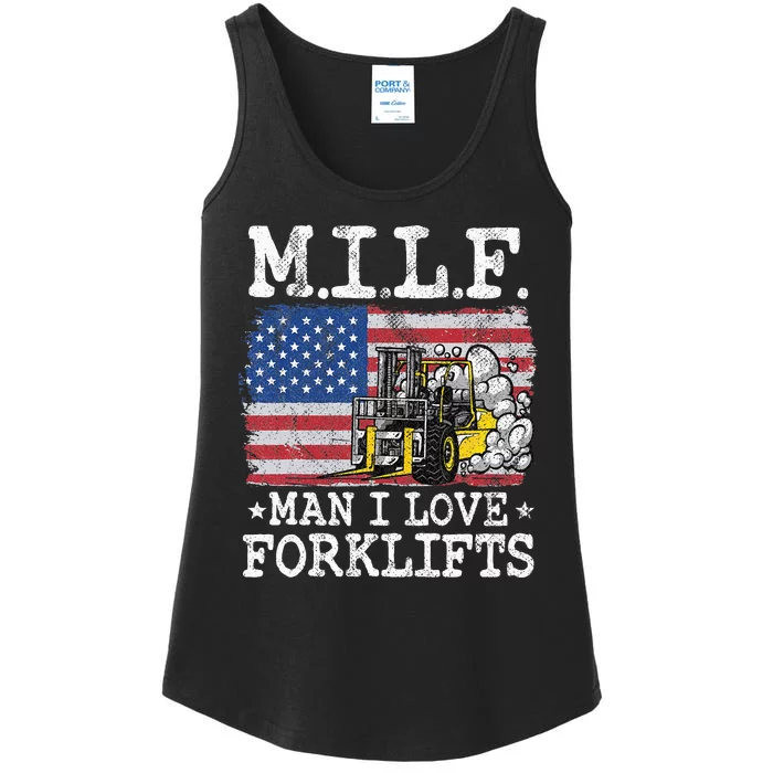 M.I.L.F. Man I Love Forklifts American Flag Forklift Driver Ladies Essential Tank