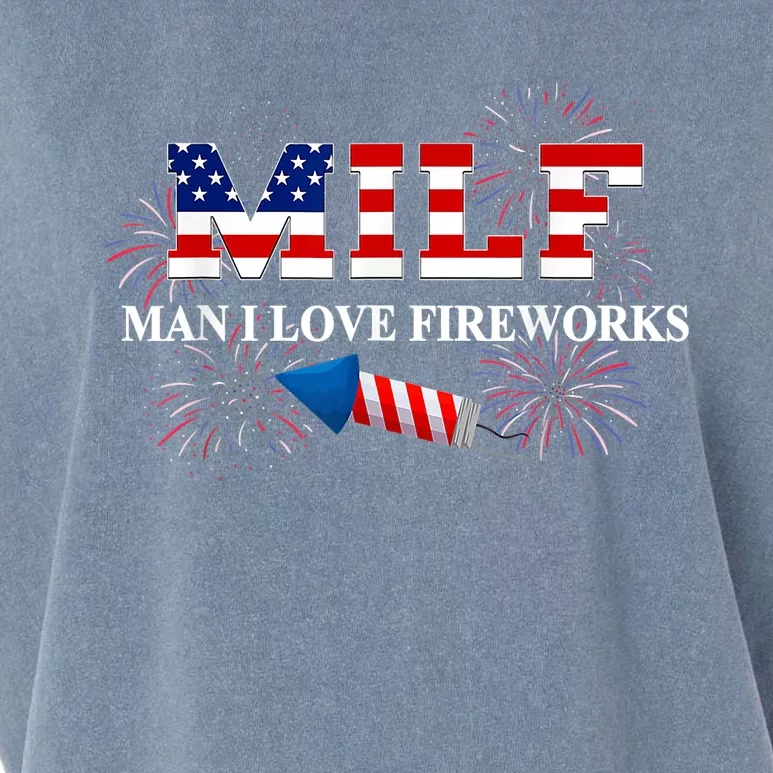 MILF Man I Love Fireworks Funny American Patriotic July 4th Design Garment-Dyed Women's Muscle Tee