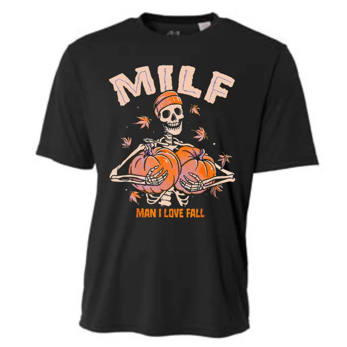 MILF Man I Love Fall Funny Spooky Skeleton Pumpkin Halloween Cooling Performance Crew T-Shirt