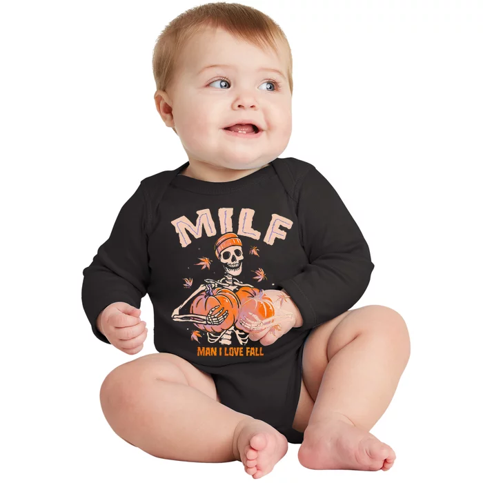 MILF Man I Love Fall Funny Spooky Skeleton Pumpkin Halloween Baby Long Sleeve Bodysuit