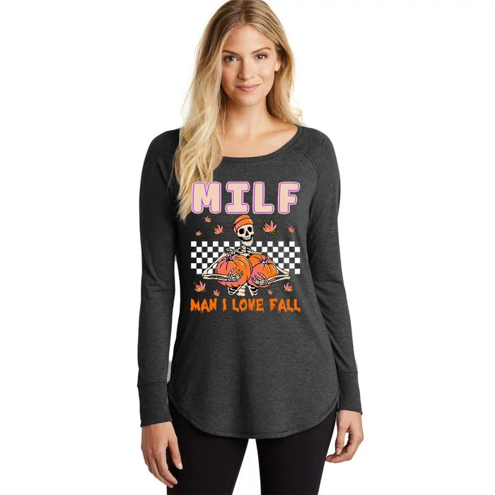 MILF Man I Love Fall Funny Skeleton Pumpkin Halloween Season Women's Perfect Tri Tunic Long Sleeve Shirt