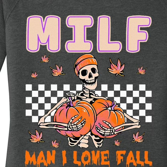 MILF Man I Love Fall Funny Skeleton Pumpkin Halloween Season Women's Perfect Tri Tunic Long Sleeve Shirt