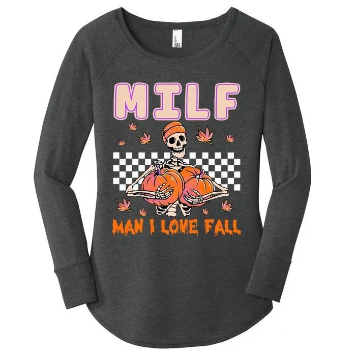 MILF Man I Love Fall Funny Skeleton Pumpkin Halloween Season Women's Perfect Tri Tunic Long Sleeve Shirt