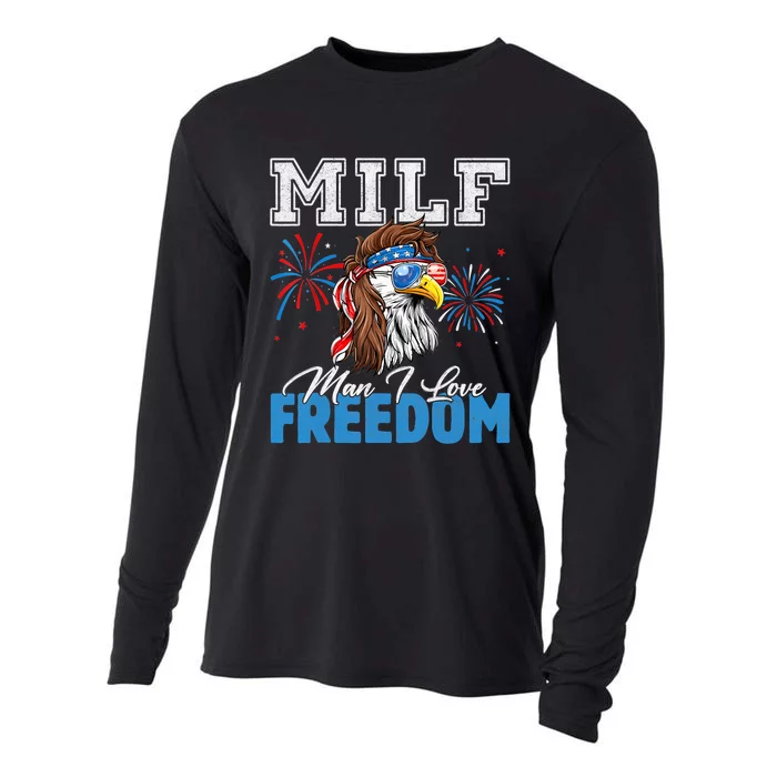 Milf Man I Love Freedom Eagle Funny Patriotic 4th Of July Cooling Performance Long Sleeve Crew