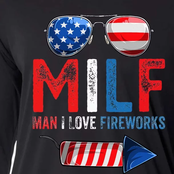 MILF Man I Love Fireworks Funny American 4th Of July Cooling Performance Long Sleeve Crew