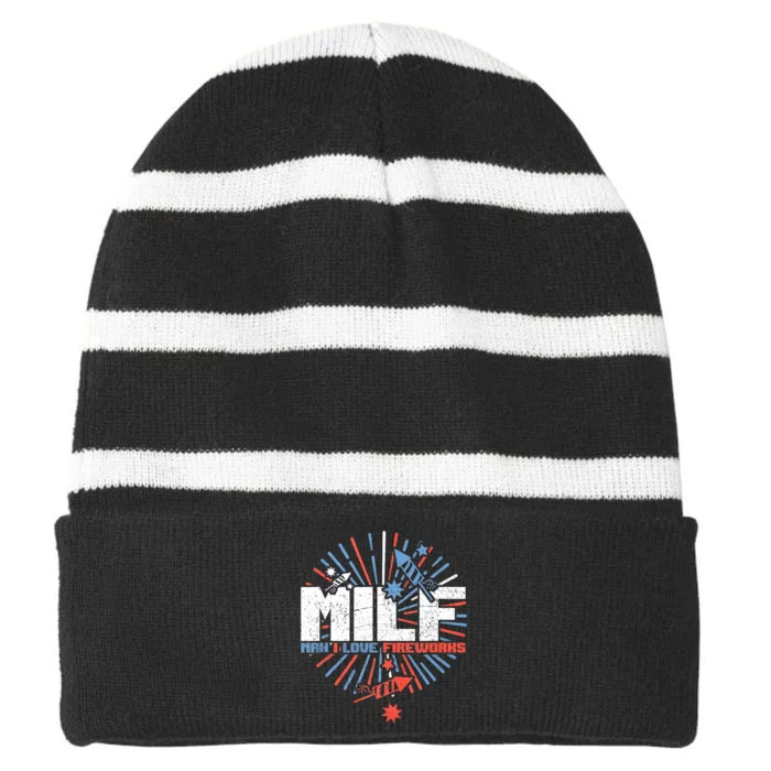 Milk Man I Love Fireworks American Patriotic 4th Of July Striped Beanie with Solid Band