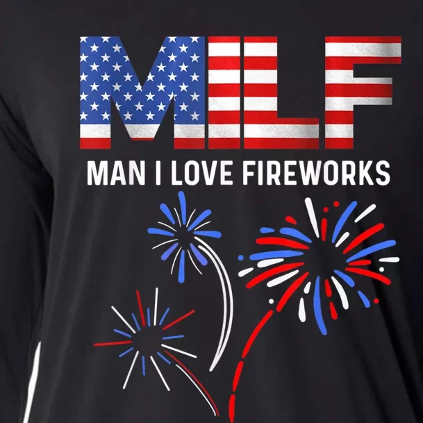 MILF Man I Love Fireworks Funny American Patriotic July 4th Cooling Performance Long Sleeve Crew