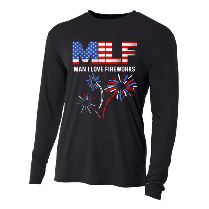 MILF Man I Love Fireworks Funny American Patriotic July 4th Cooling Performance Long Sleeve Crew