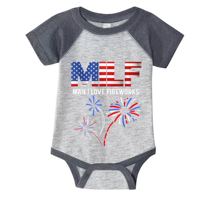 MILF Man I Love Fireworks Funny American Patriotic July 4th Infant Baby Jersey Bodysuit