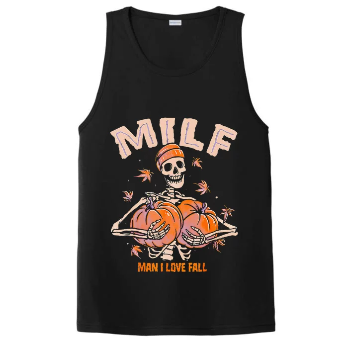 MILF Man I Love Fall Funny Spooky Skeleton Pumpkin Halloween Performance Tank