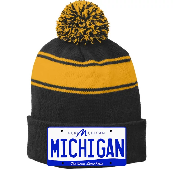 Michigan MI License Plate Classic Stripe Pom Pom Beanie