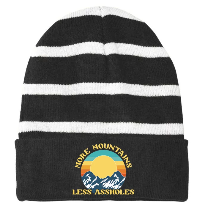 More Mountains Less Assholes Vintage Sunset Hiking Camping Striped Beanie with Solid Band