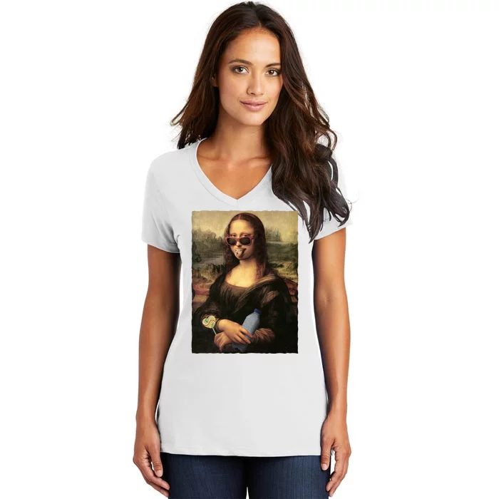 Modern Mona Lisa Tongue Ring Women's V-Neck T-Shirt