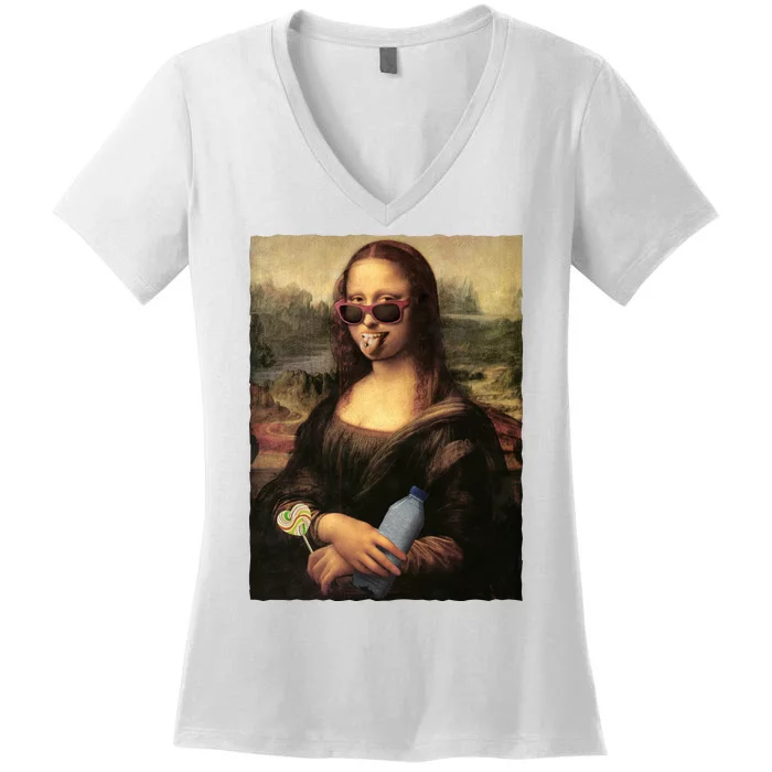 Modern Mona Lisa Tongue Ring Women's V-Neck T-Shirt