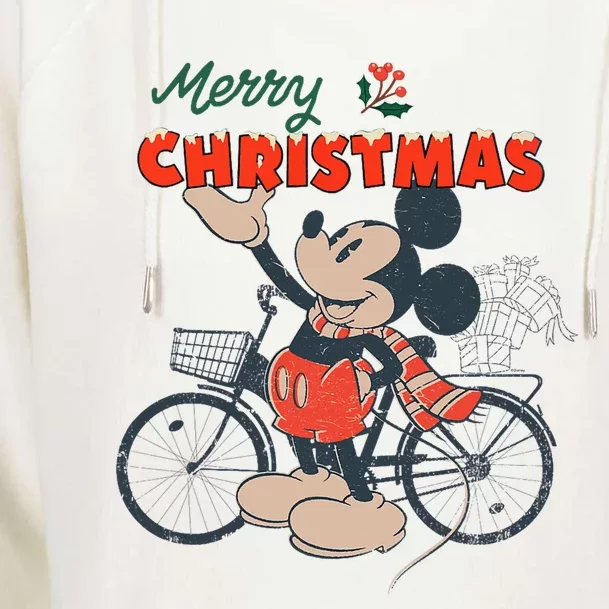 Mickey Mouse Merry Christmas Bicycle Retro Distressed Womens Funnel Neck Pullover Hood