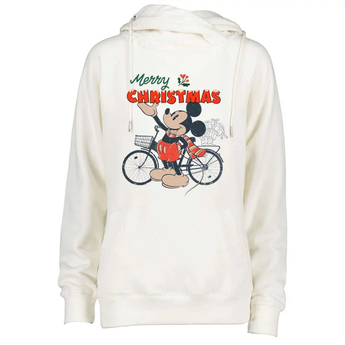 Mickey Mouse Merry Christmas Bicycle Retro Distressed Womens Funnel Neck Pullover Hood