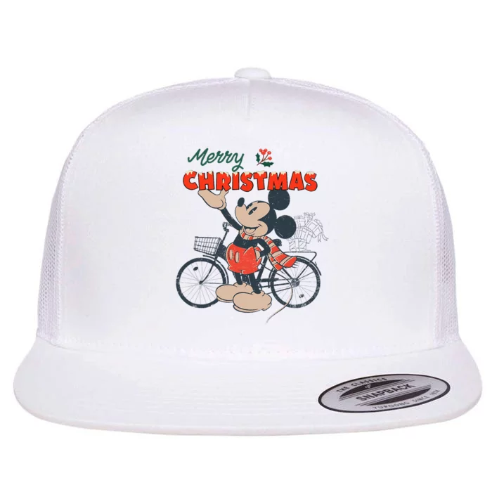 Mickey Mouse Merry Christmas Bicycle Retro Distressed Flat Bill Trucker Hat